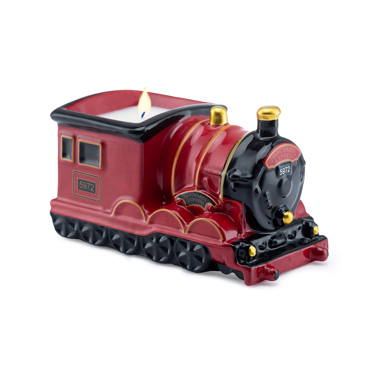 Zugkerze, Keramik, rote Lokomotive, schwarz-goldene Details, Hogwarts Express
