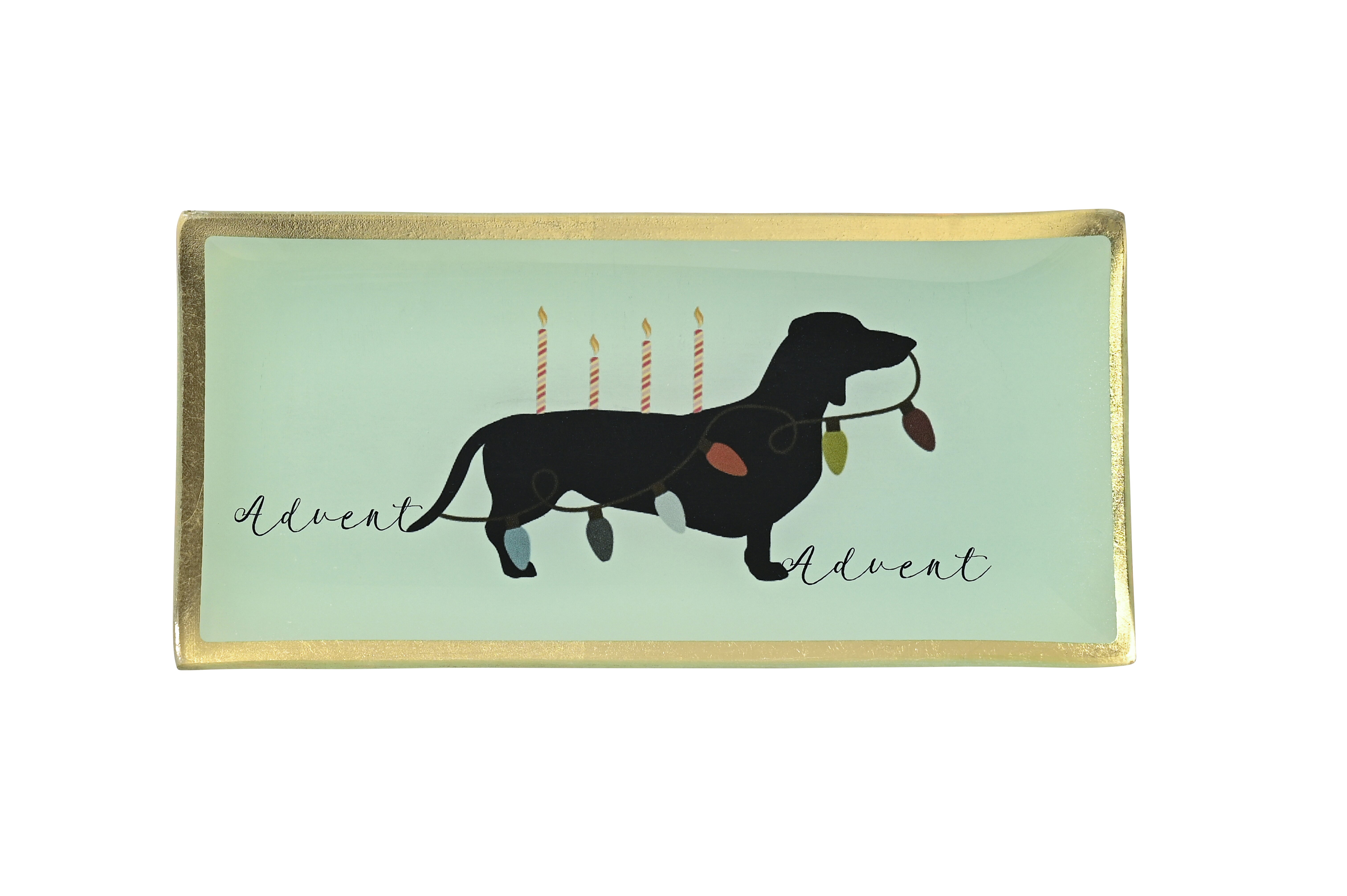Love Plates Glasteller L Advent Hund mit Lichterkette grün Adventskalender, Schwein, Laterne, Kerzen, Goldrand