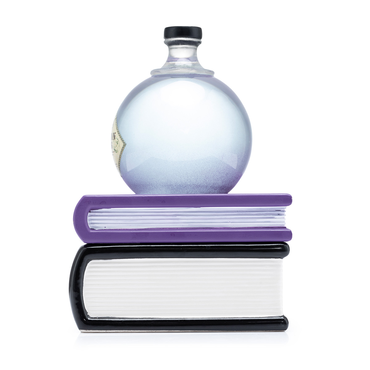 Glasflasche, Runder Flaschenkörper, Schwarzer Verschluss, Hellblau-violett, Buchförmiger Sockel