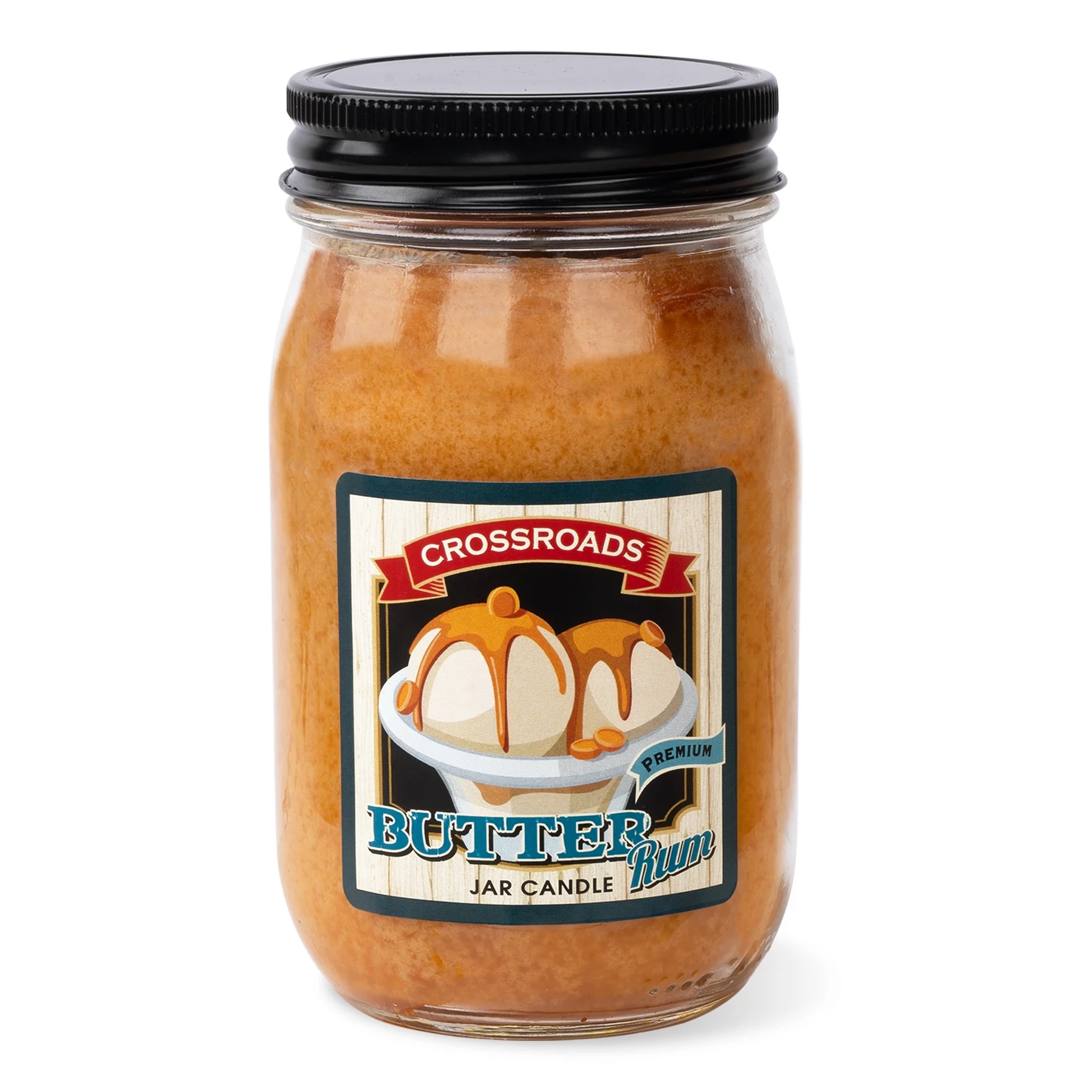 Crossroads Butter Rum Duftkerze im Glas 340g Duftkerze, Glasgefäß, braunes Wachs, schwarzer Deckel, Rumduft