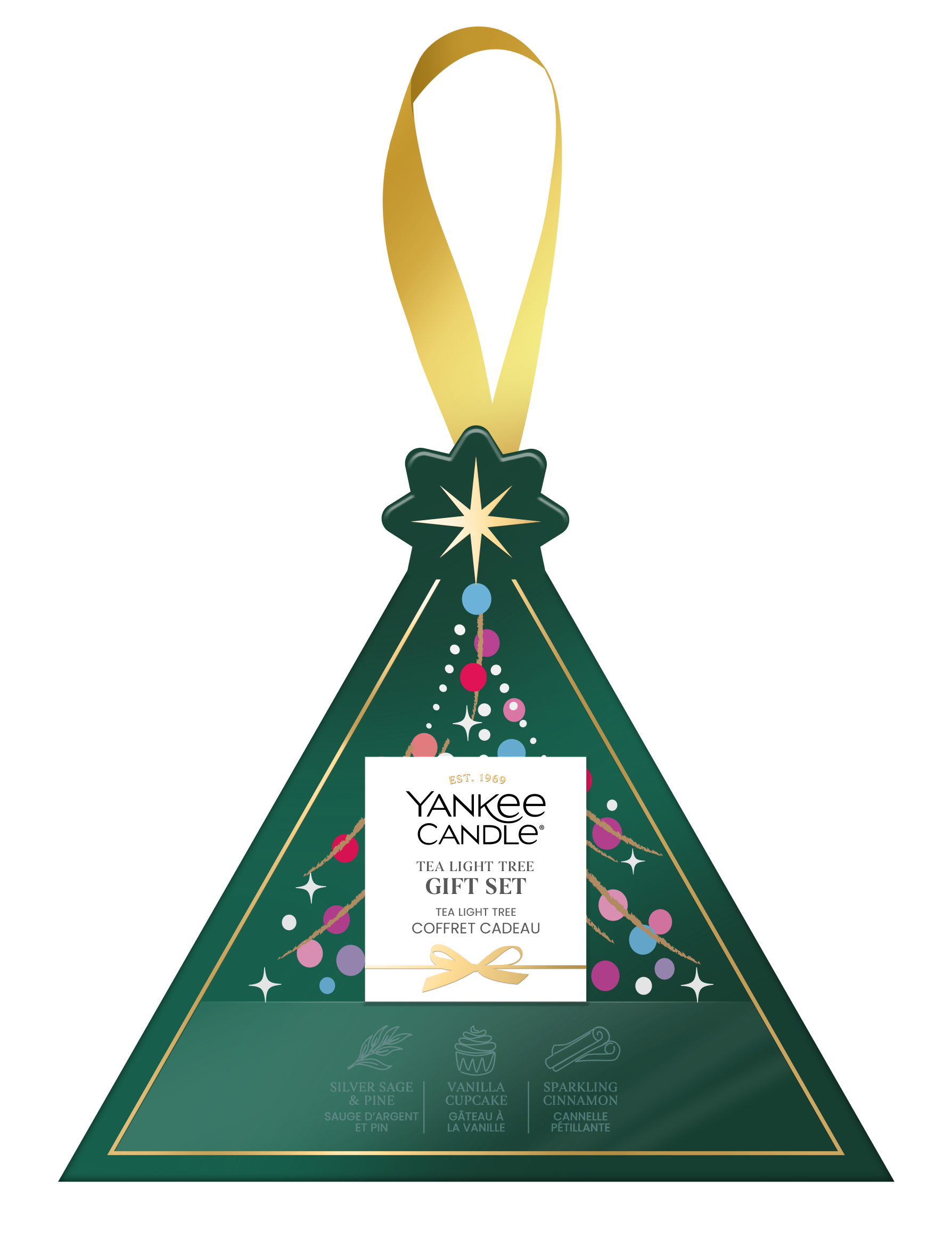 Geschenkset, Teelichtbaum, Yankee Candle, grünes Dreieck, goldenes Band